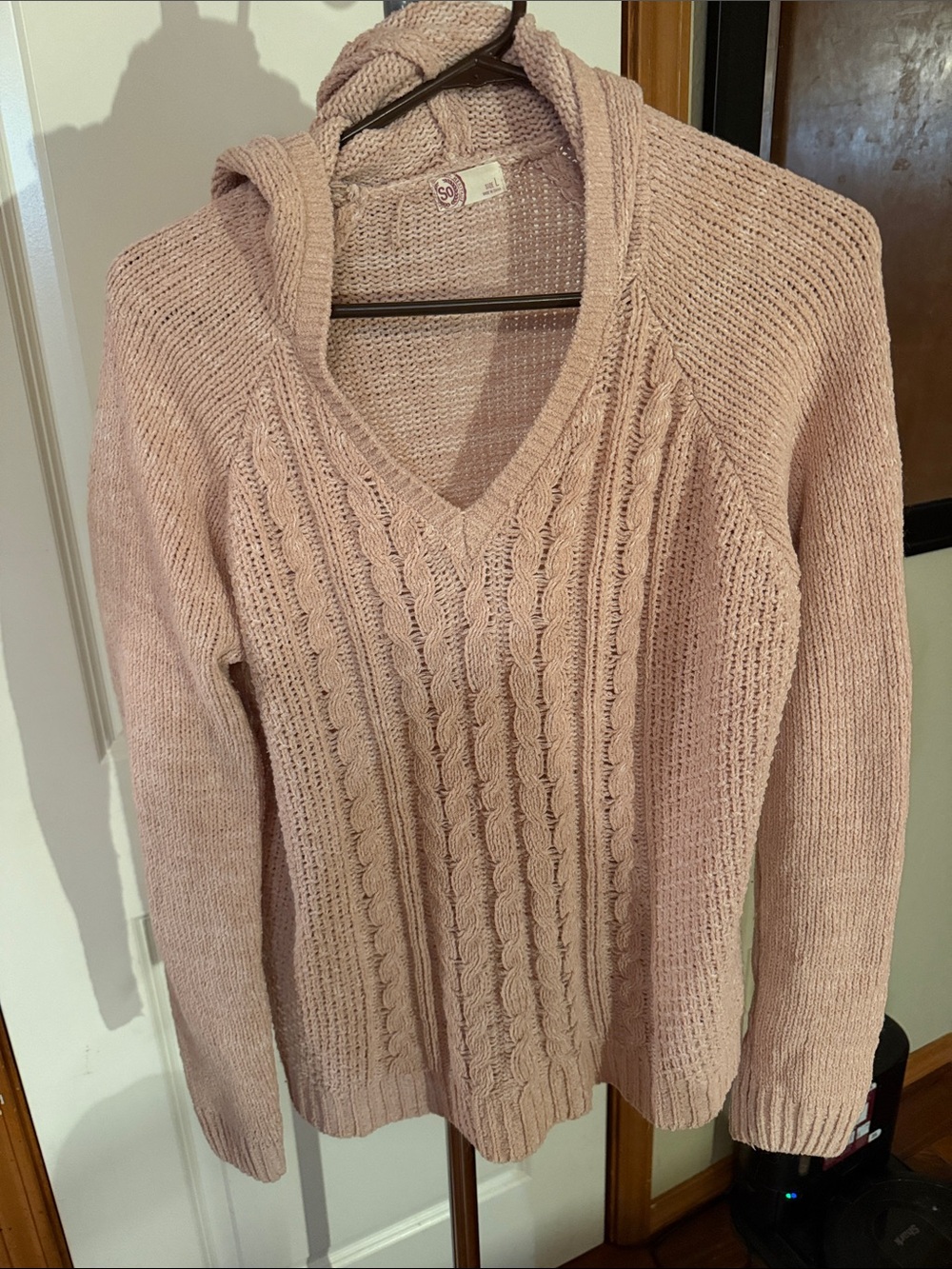 SO Blush Pink Cable Knit V-Neck Hooded Sweater